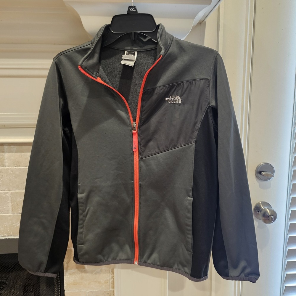 The North Face Jacket Boys 14-16 Gray Black Softshell Full Zip Logo Outdoor